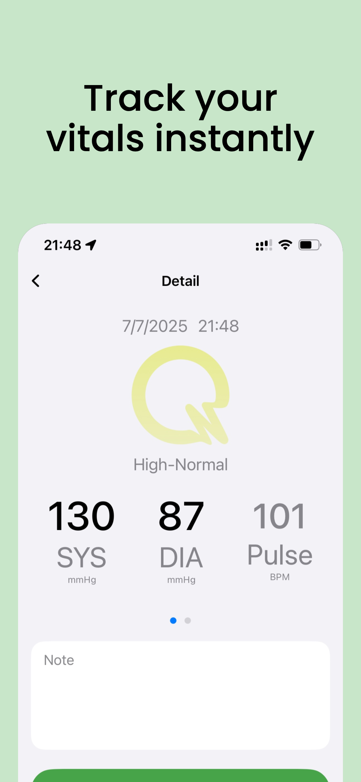 Q Cardio Monitor app screenshot showing a blood pressure reading with systolic, diastolic and pulse values